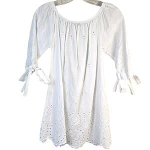 Valentina Naldi Tunic Blouse Women's S White Eyelet Tie Sleeve Romantic Resort